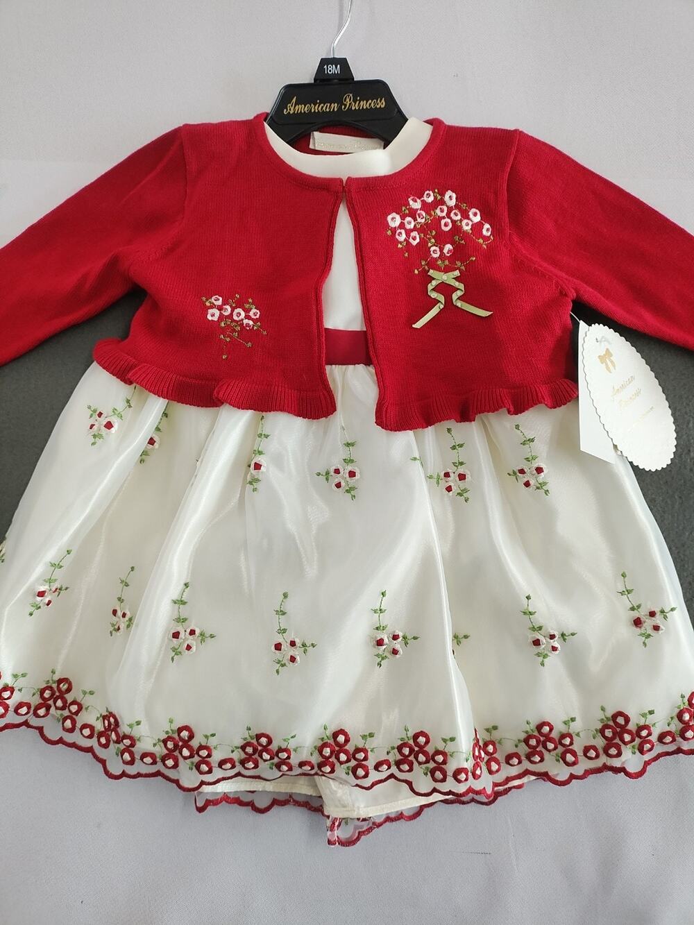 American Princess Baby Girl Dress 18M Red Floral Embroidered Cropped Cardigan